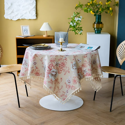 Botanical Linen Tablecloth with Tassel Trim | Elegant Design for Dining Spaces 4