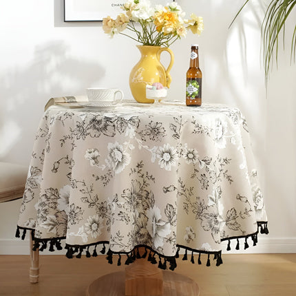Botanical Linen Tablecloth with Tassel Trim | Elegant Design for Dining Spaces 6