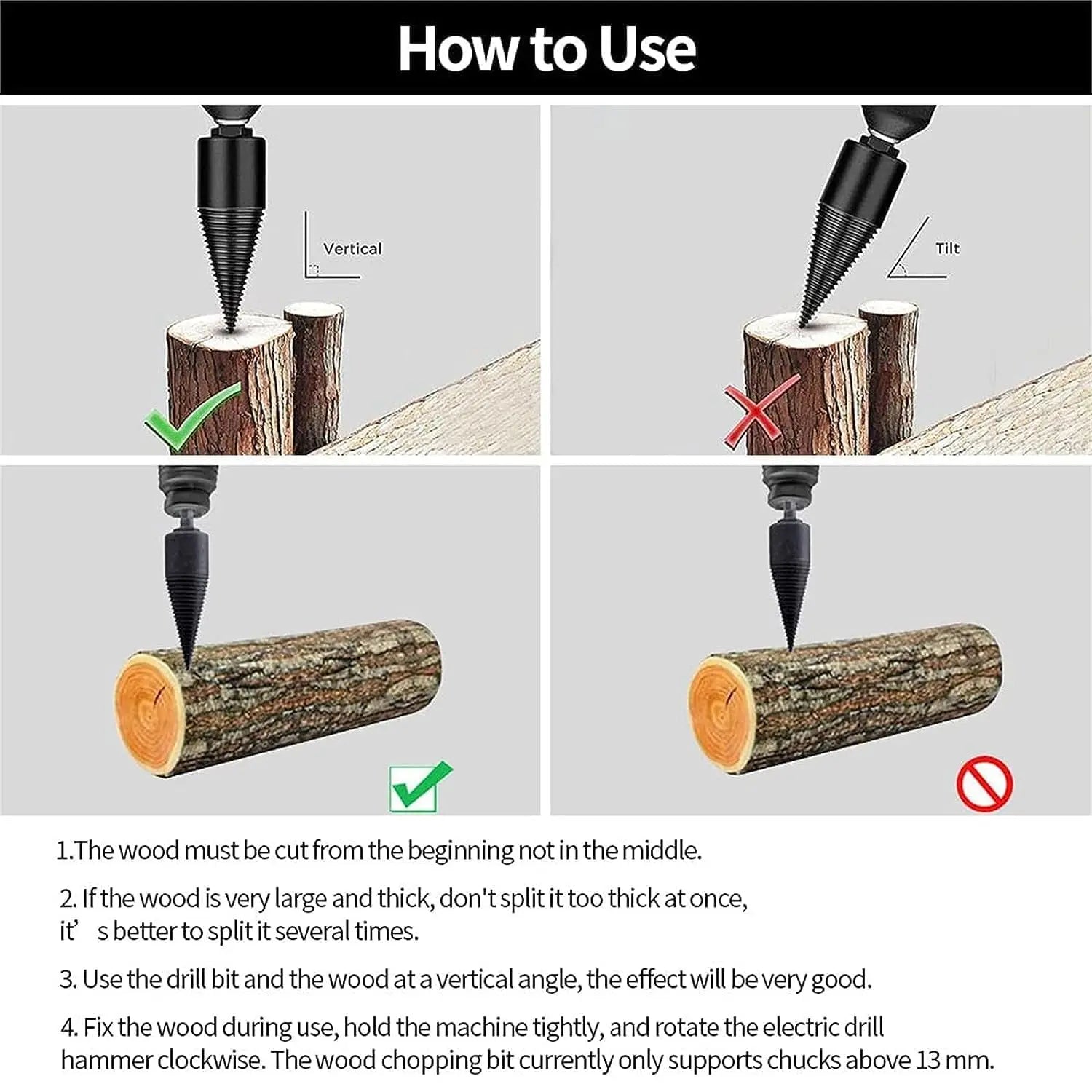 BowLift | Firewood Drill Bit Set with 32mm Carbon Steel Head | Efficient Wood Splitting for Camping and Home Use 5