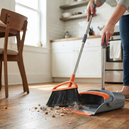 Broom and Dustpan Set Self Cleaning, Angled Broom with Extendable Handle, Long Handle Dustpan with Cleaning Teeth