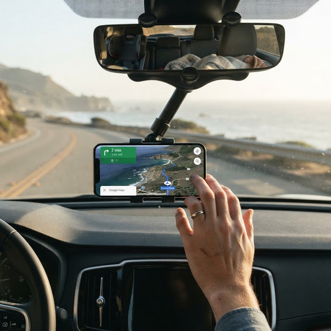 Car Phone Holder for Rearview Mirror, Retractable Car Cell Phone Mount with 360 Degree Rotating Arm for Truck and SUV