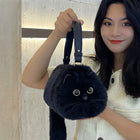 Cat Bag, Plush Cat Handbag with Embroidered Face, Faux Fur Bag with Zipper, Plush Shoulder Bag with Adjustable Strap
