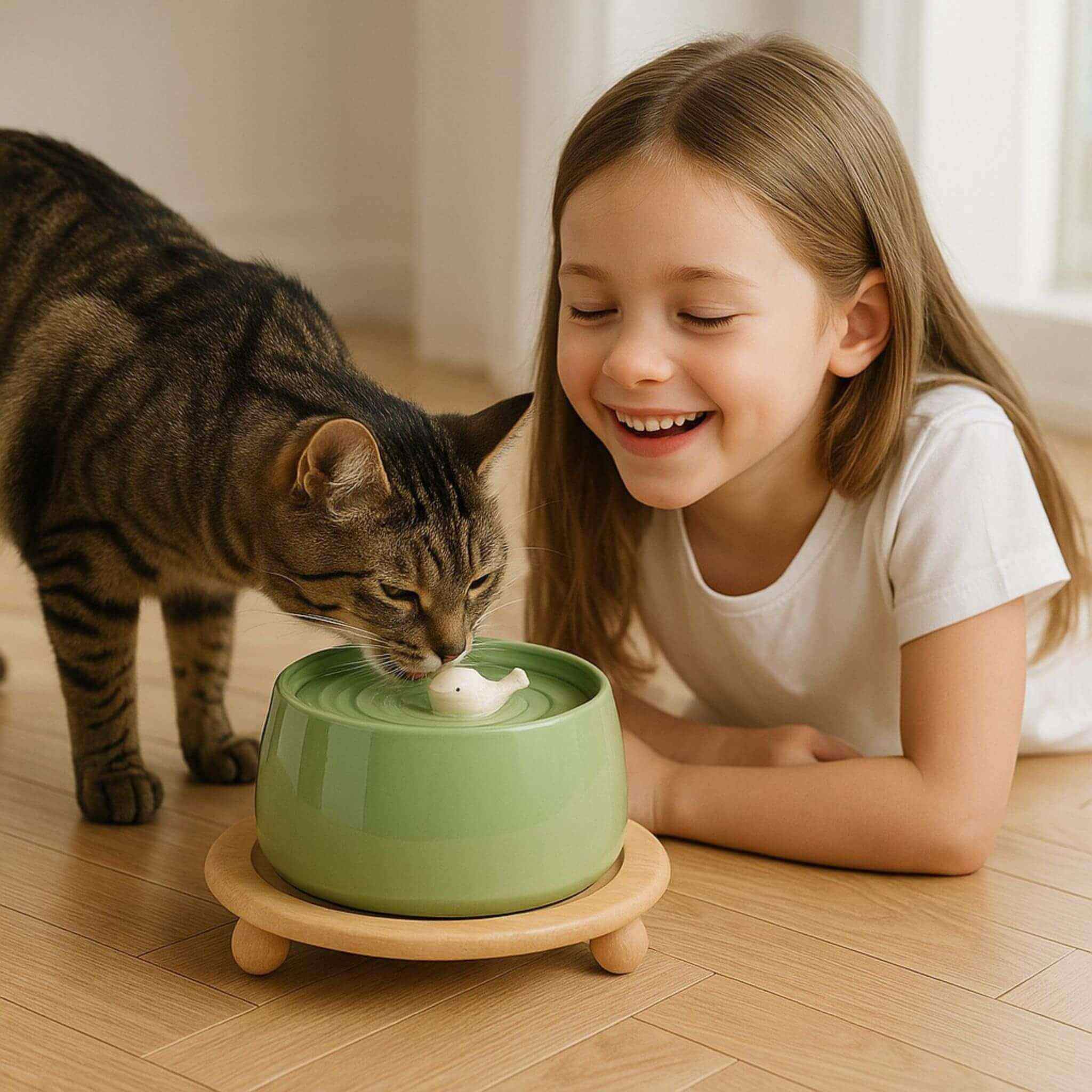 Ceramic Cat Water Fountain with Dual Filtration System | Fresh Flowing Water for Healthy Hydration 0