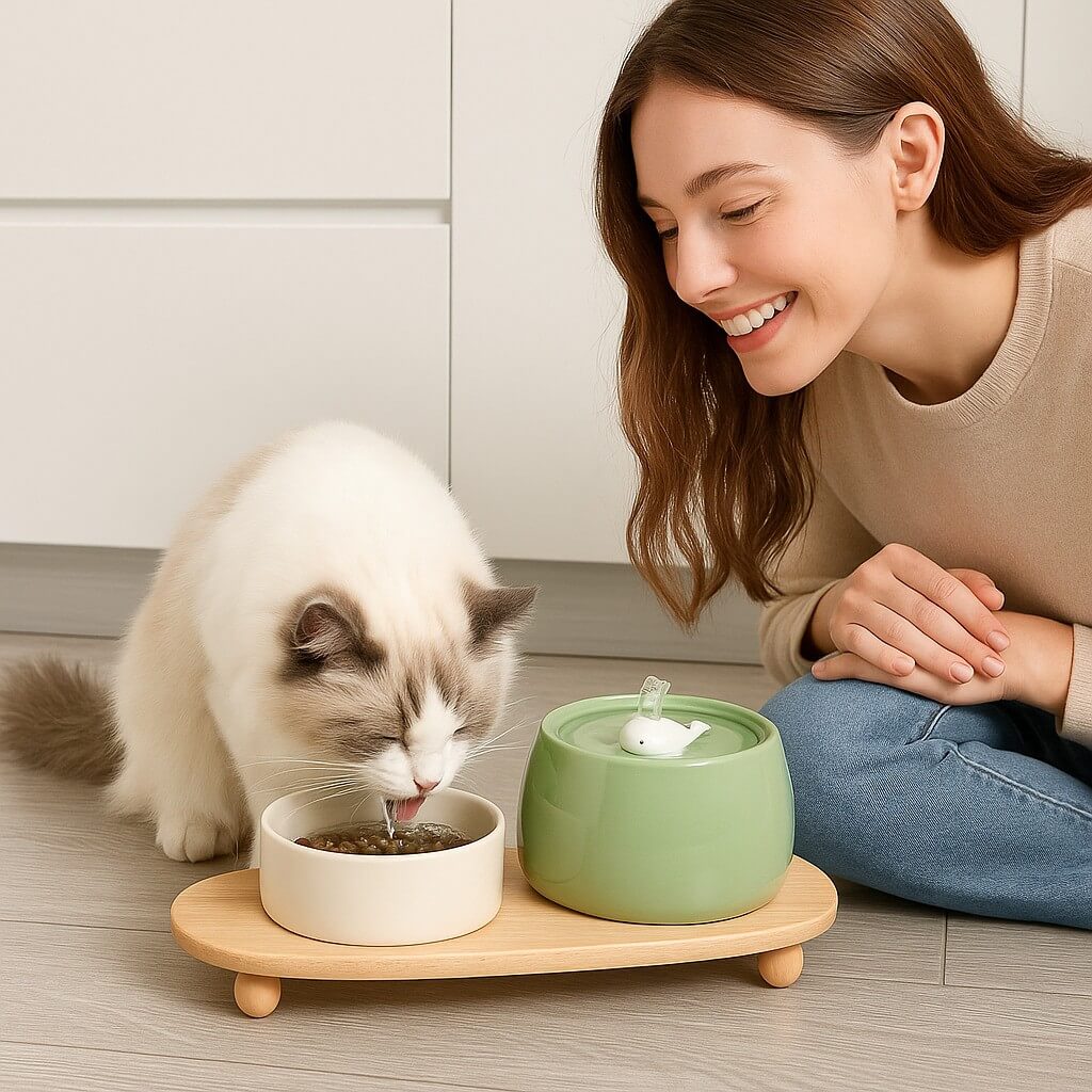 Ceramic Cat Water Fountain with Dual Filtration System | Fresh Flowing Water for Healthy Hydration 7