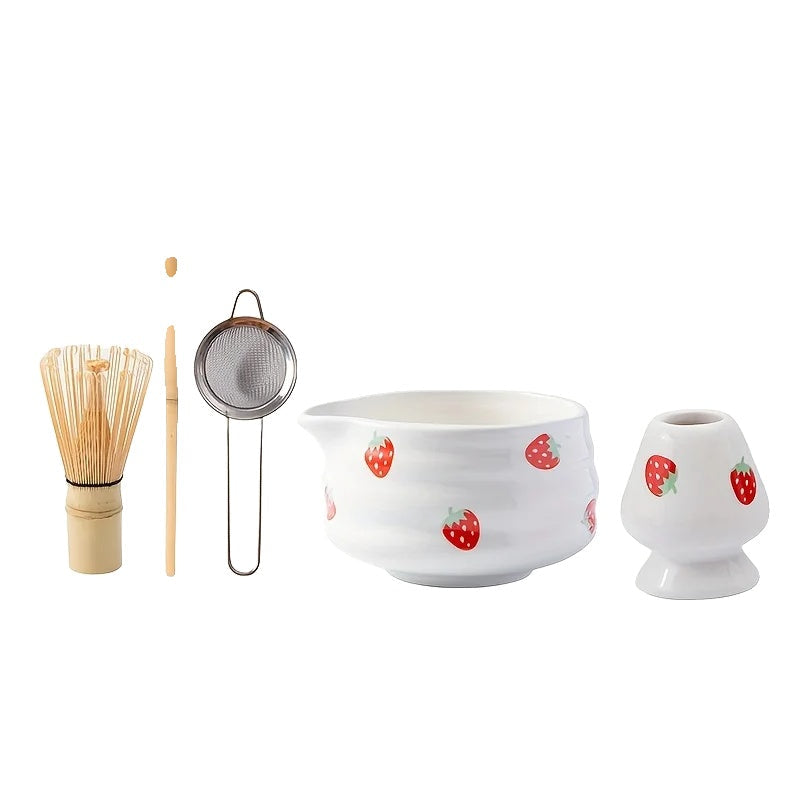Ceramic Matcha Bowl Set with Charming Strawberry Design for Authentic Tea Experience 0