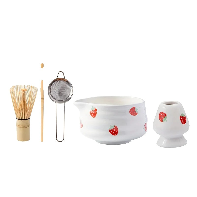 Ceramic Matcha Bowl Set with Charming Strawberry Design for Authentic Tea Experience 0