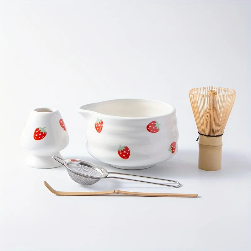 Ceramic Matcha Bowl Set with Charming Strawberry Design for Authentic Tea Experience 4
