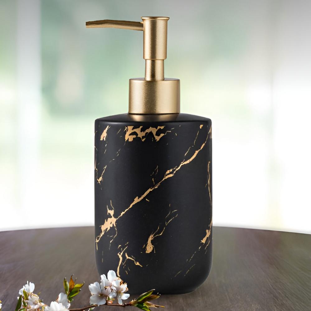 Ceramic Soap Dispenser with Marble Design & Gold Accents | Elegant Kitchen & Bathroom Accessory for Organized Countertops 0