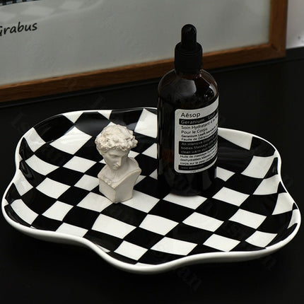 Ceramic Storage Tray | Modern Checkered Design with Glossy Finish | Versatile Organizer for Stylish Home Decor 0