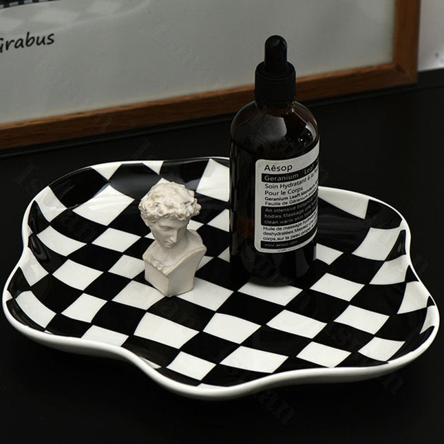 Ceramic Storage Tray | Modern Checkered Design with Glossy Finish | Versatile Organizer for Stylish Home Decor 0