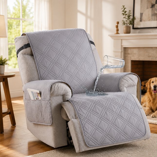 Recliner Cover Waterproof, Five Layer Microfiber Chair Protector with Side Pockets for Dogs, Cats and Kids