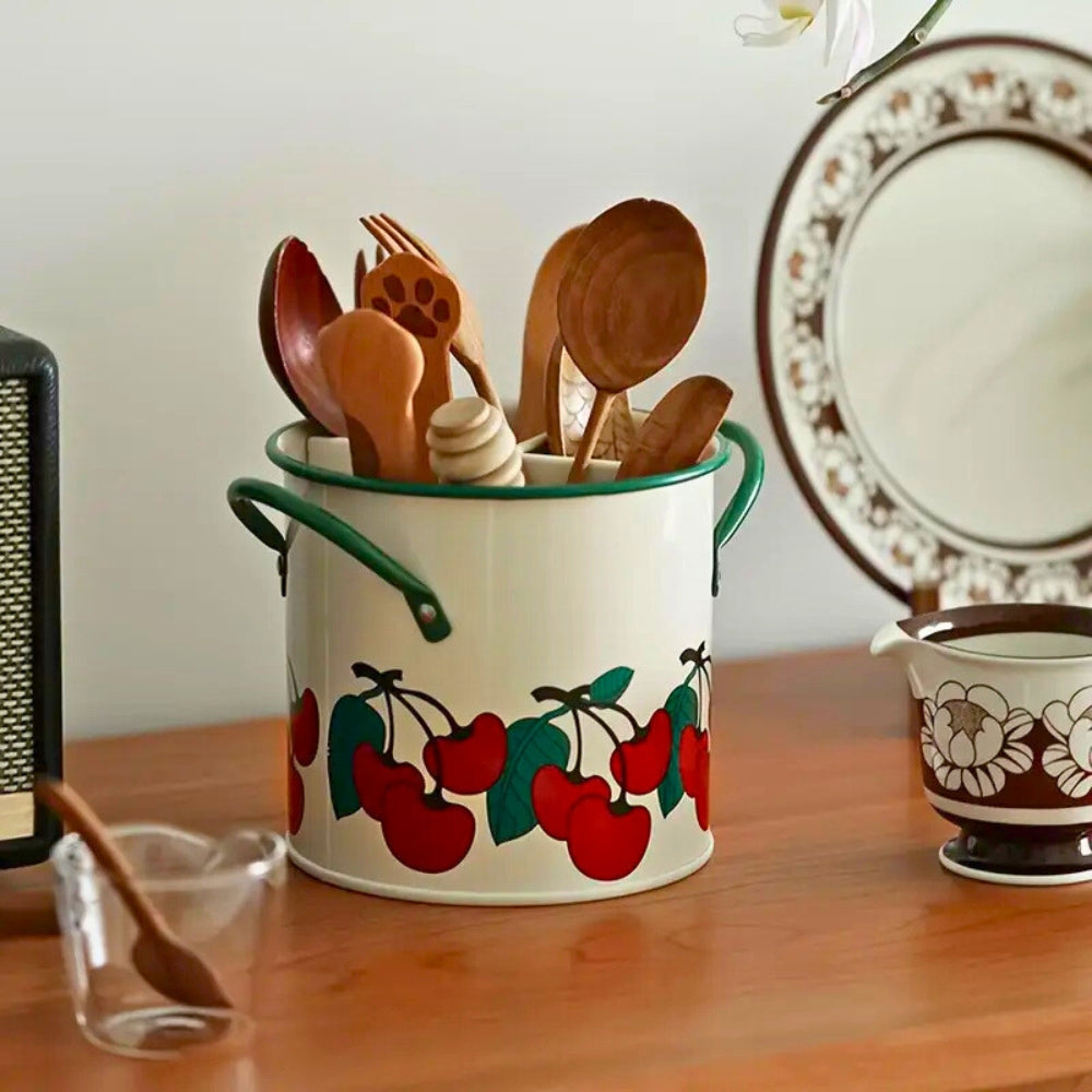 Charming Floral Utensil Storage Basket with Divider Lid | Durable Cast Iron for Organized Kitchen 0