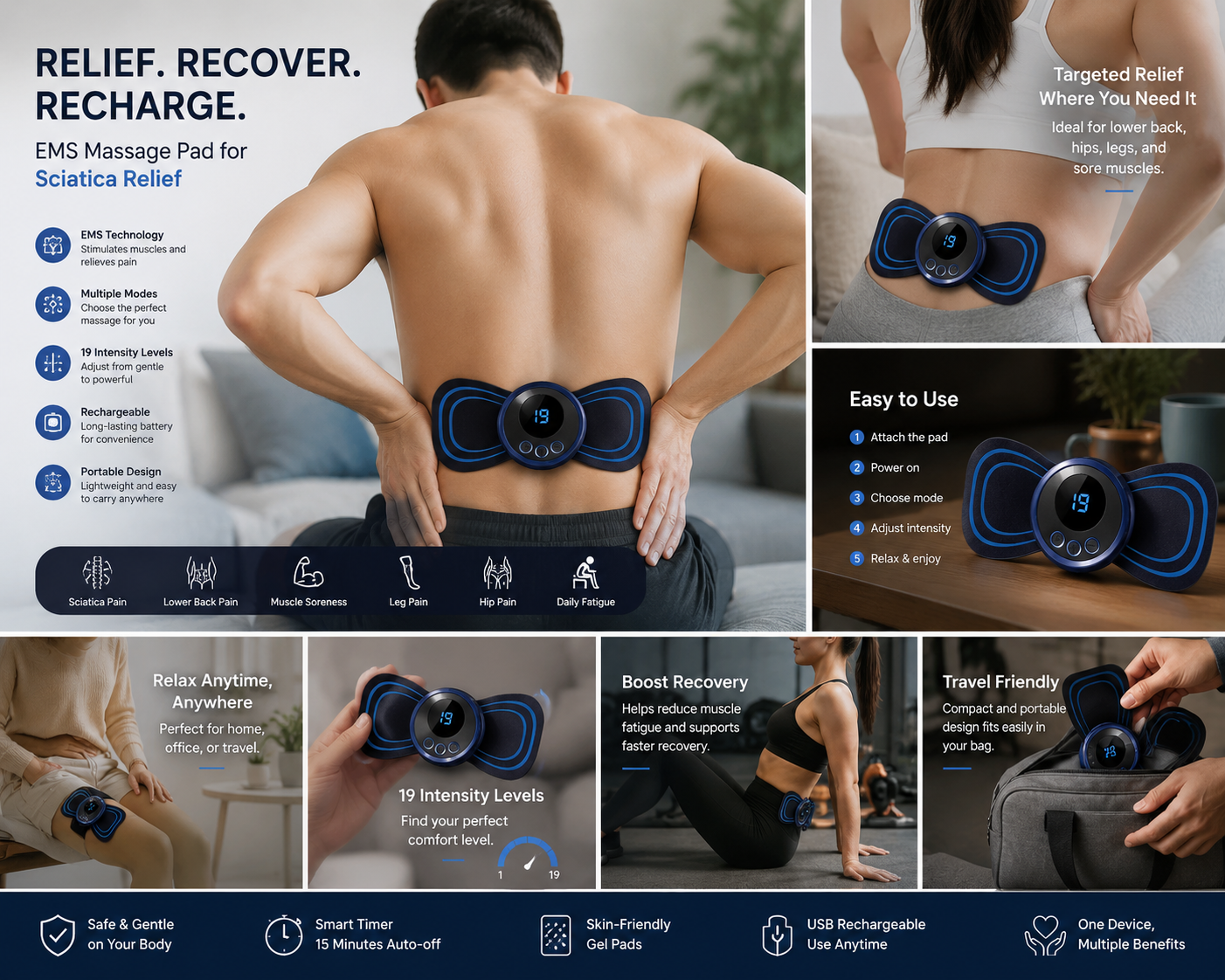 Tuzwa EMS Massage Pad for Sciatica Relief | Portable Muscle Stimulator | Pain Relief Massager for Back, Legs & Hips