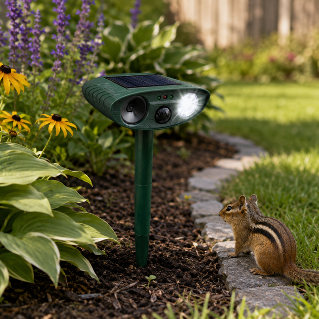 Squirrel Repellent for Yard and Garden, Solar Powered Chipmunk Repellent with Two Ultrasonic Speakers, 30 ft PIR Range