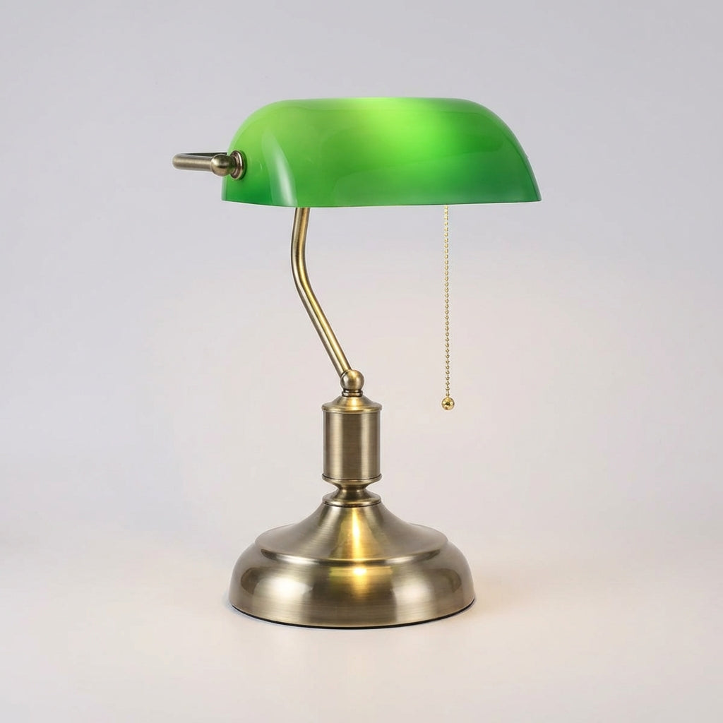 Classic Banker Lamp | Hand-Finished Glass Shade & Polished Metal Base for Warm Illumination 0