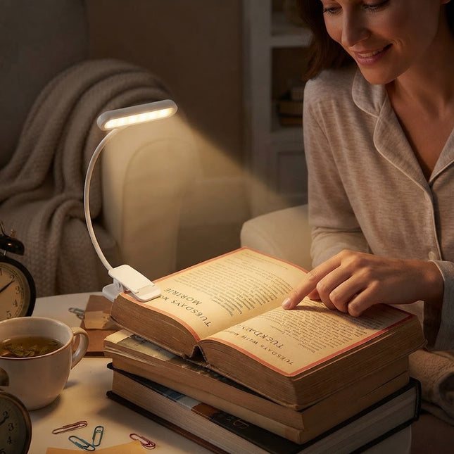 Clip On Book Light, Rechargeable Reading Light for Books with 3 Colors and 10 Levels, Bed Reading Light with Gooseneck