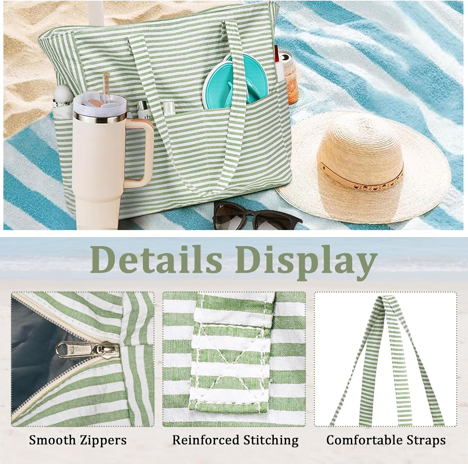 Coastal Collection | Large Beach Tote Bag with Waterproof Pocket & Zipper | Versatile for Travel and Gym 4
