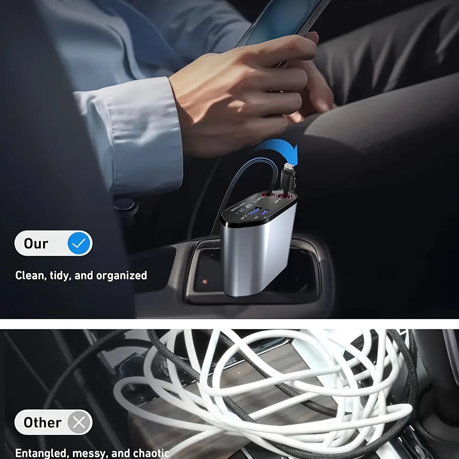 Compact Car Charger | 120W Dual USB Adapter with Retractable Cables | Fast Charging for All Devices 5