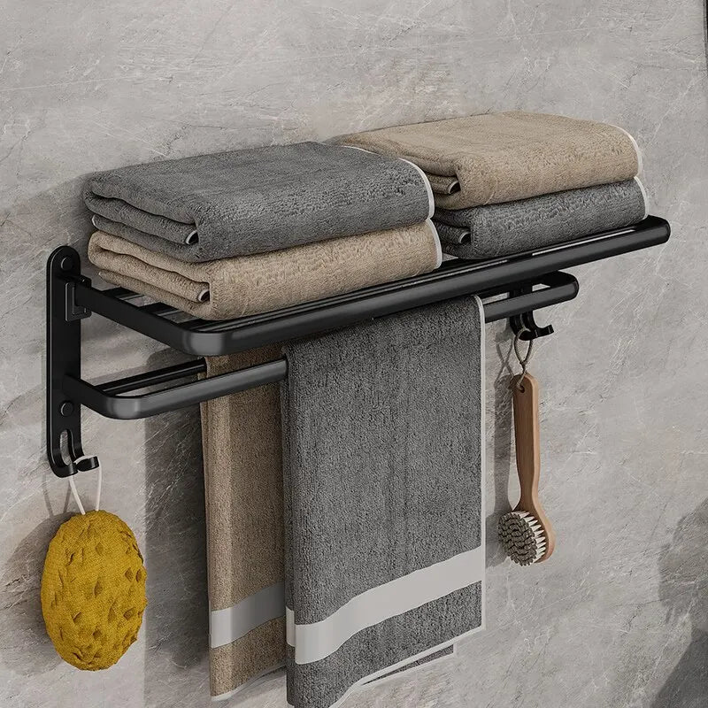 Contemporary Towel Rack | Matte Black Aluminum Design with Shelf & Hooks for Organized Bathrooms 0