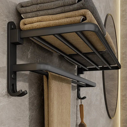Contemporary Towel Rack | Matte Black Aluminum Design with Shelf & Hooks for Organized Bathrooms 1