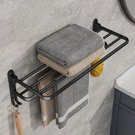Contemporary Towel Rack | Matte Black Aluminum Design with Shelf & Hooks for Organized Bathrooms 2