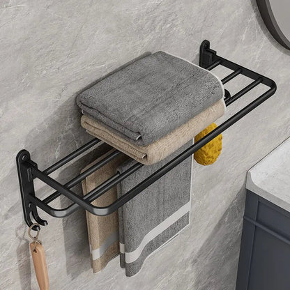 Contemporary Towel Rack | Matte Black Aluminum Design with Shelf & Hooks for Organized Bathrooms 2