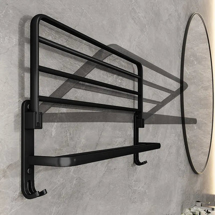 Contemporary Towel Rack | Matte Black Aluminum Design with Shelf & Hooks for Organized Bathrooms 3