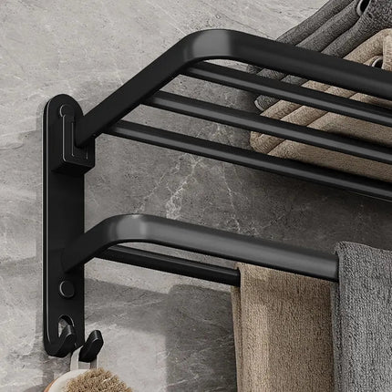 Contemporary Towel Rack | Matte Black Aluminum Design with Shelf & Hooks for Organized Bathrooms 4
