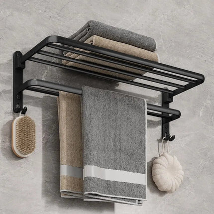 Contemporary Towel Rack | Matte Black Aluminum Design with Shelf & Hooks for Organized Bathrooms 5