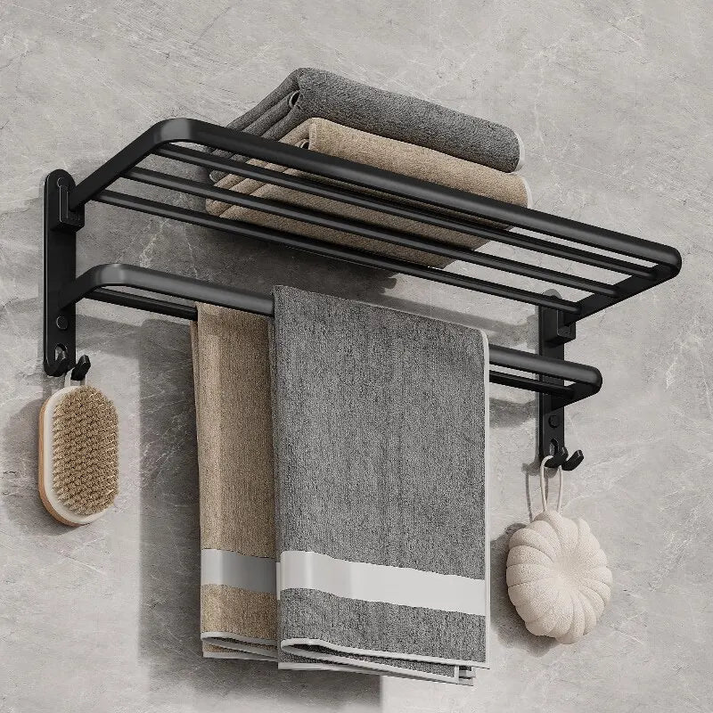 Contemporary Towel Rack | Matte Black Aluminum Design with Shelf & Hooks for Organized Bathrooms 5