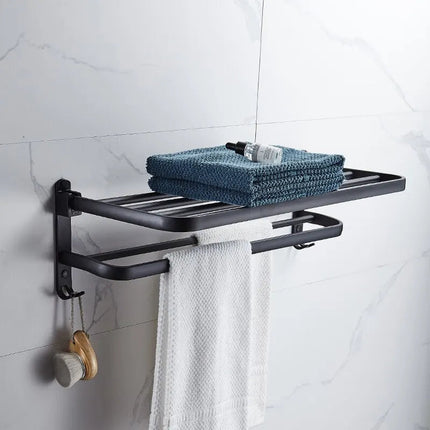 Contemporary Towel Rack | Matte Black Aluminum Design with Shelf & Hooks for Organized Bathrooms 6