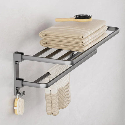 Contemporary Towel Rack | Matte Black Aluminum Design with Shelf & Hooks for Organized Bathrooms 7