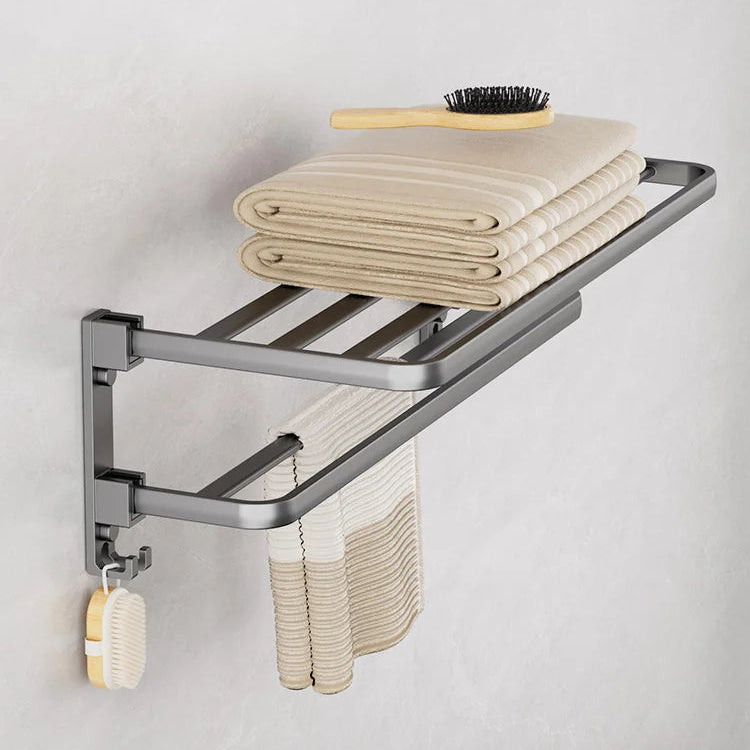 Contemporary Towel Rack | Matte Black Aluminum Design with Shelf & Hooks for Organized Bathrooms 7