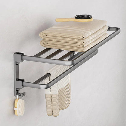 Contemporary Towel Rack | Matte Black Aluminum Design with Shelf & Hooks for Organized Bathrooms 7