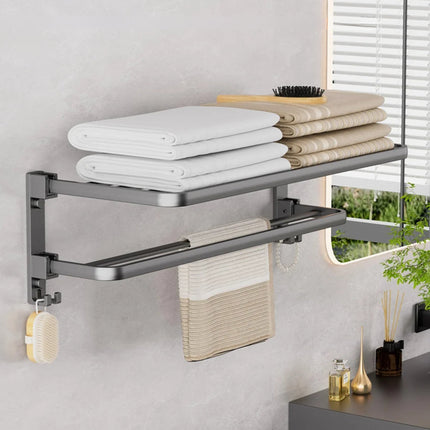 Contemporary Towel Rack | Matte Black Aluminum Design with Shelf & Hooks for Organized Bathrooms 8