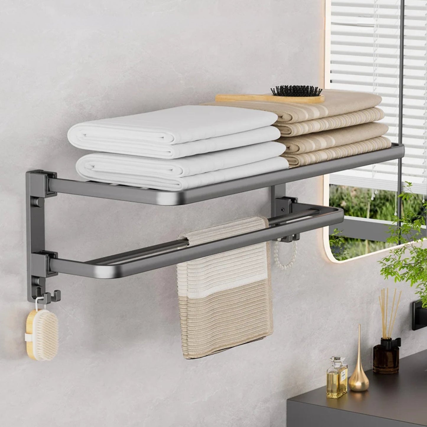 Contemporary Towel Rack | Matte Black Aluminum Design with Shelf & Hooks for Organized Bathrooms 8