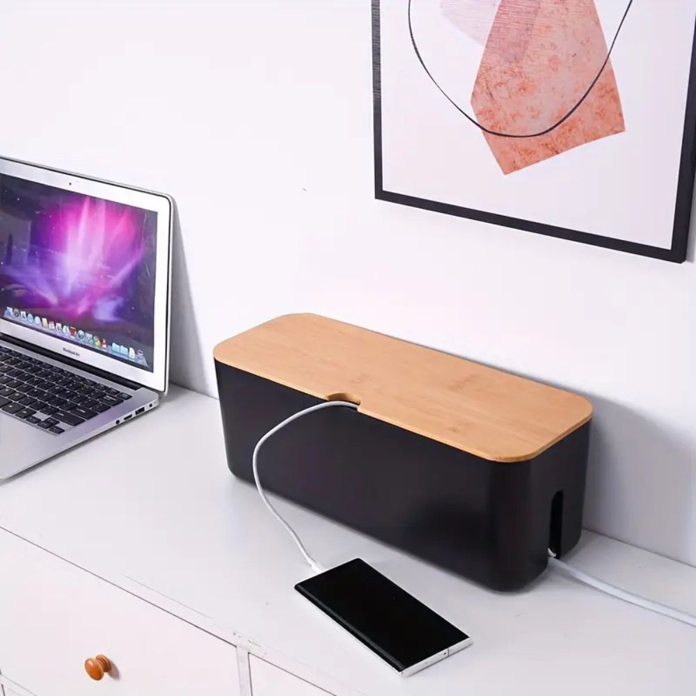 Cord Tidy | Bamboo Cable Organizer Box with Ventilated Design for Clutter-Free Spaces 0