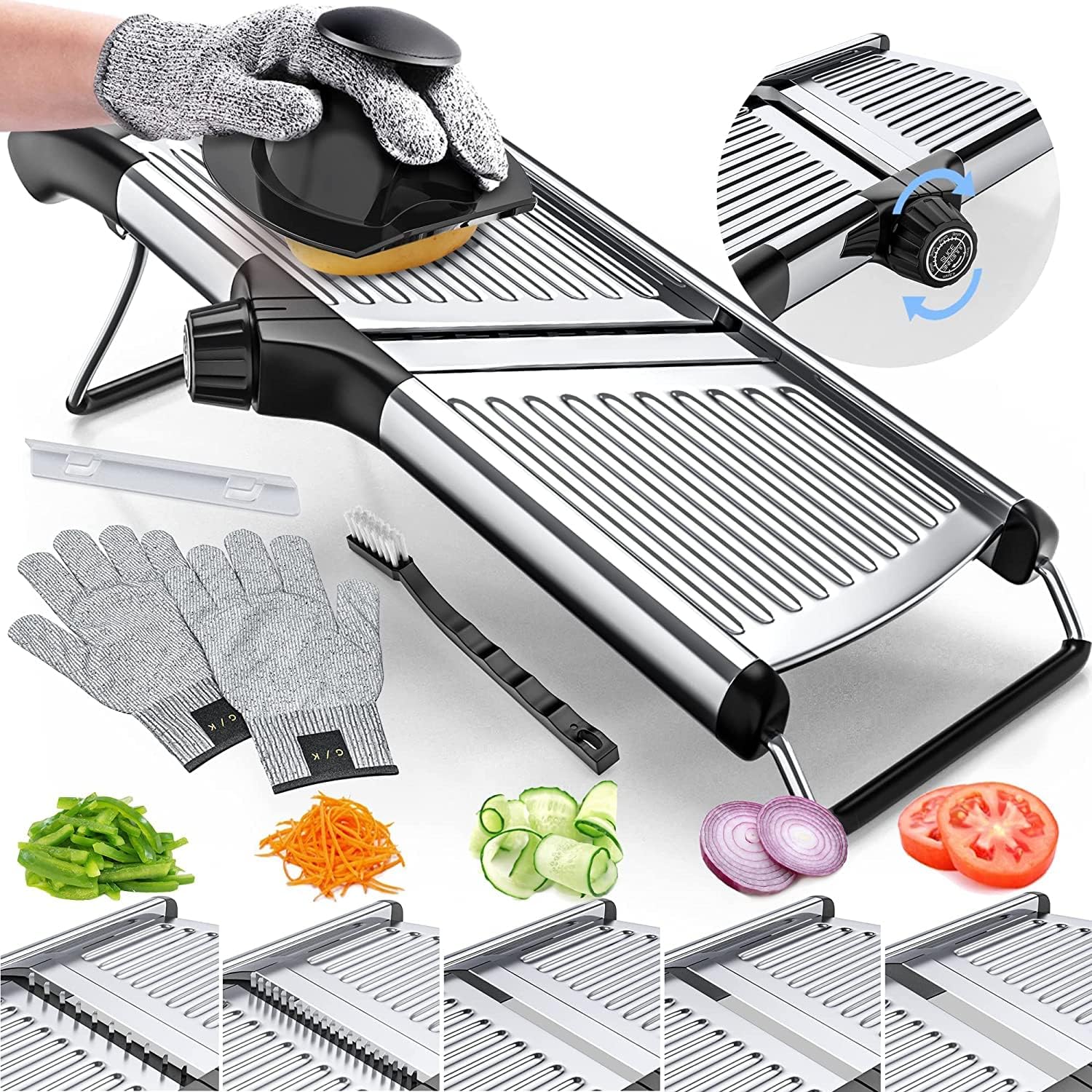 Culinary Master | Premium Food Slicer with Adjustable Thickness & Safety Gloves | Efficient Vegetable Cutter for Precise Slicing 8