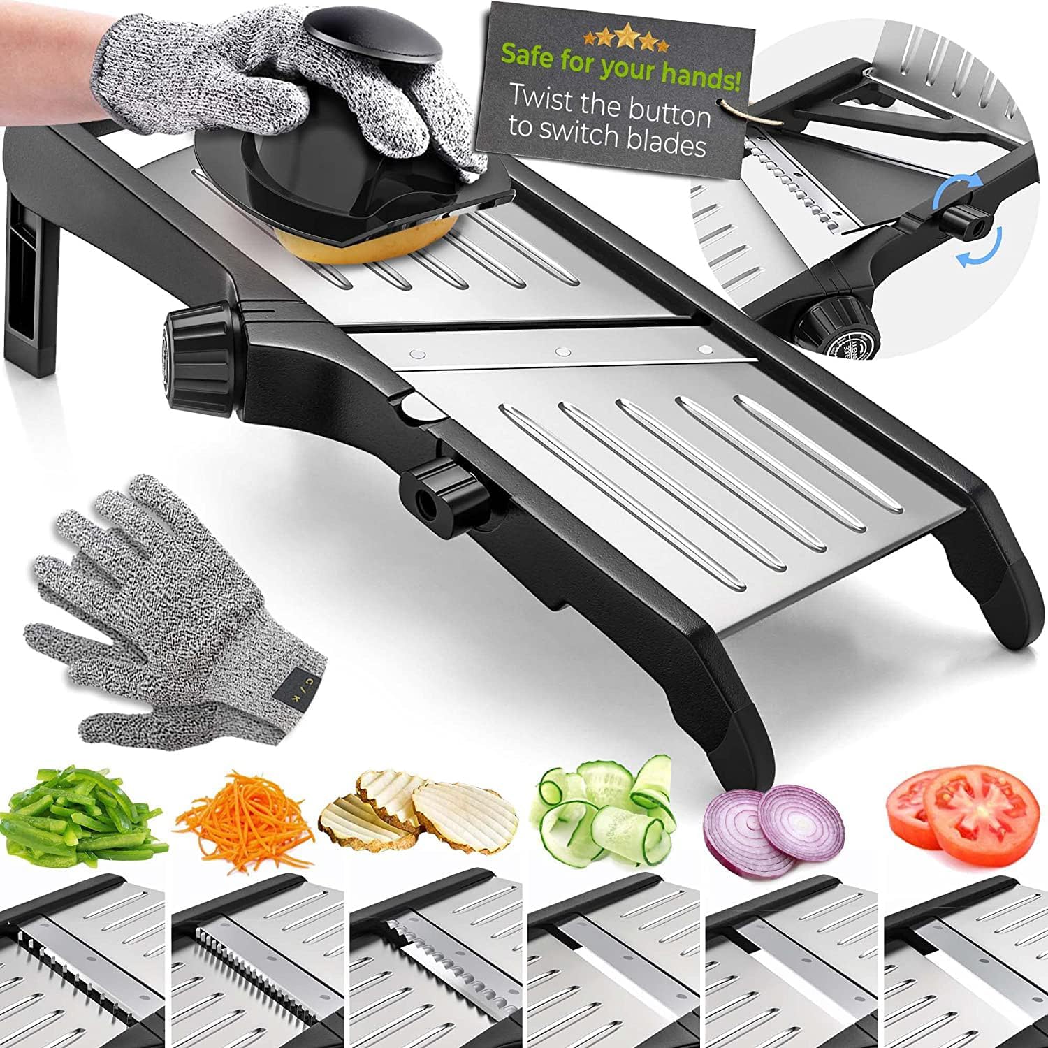 Culinary Master | Premium Food Slicer with Adjustable Thickness & Safety Gloves | Efficient Vegetable Cutter for Precise Slicing 9