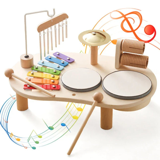 Wooden music station for toddlers, musical toy set with drum, xylophone, tambourine, maracas, ages 2-6