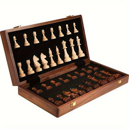 Wooden chess set, foldable magnetic travel chess board with 32 pieces and inner storage, 11.8 x 11.8 inches