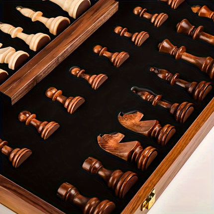 Wooden chess set, foldable magnetic travel chess board with 32 pieces and inner storage, 11.8 x 11.8 inches