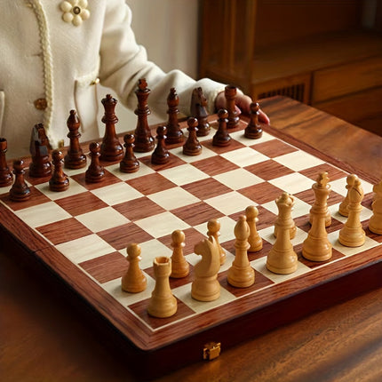Wooden chess set, foldable magnetic travel chess board with 32 pieces and inner storage, 11.8 x 11.8 inches