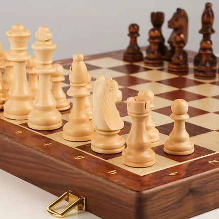 Wooden chess set, foldable magnetic travel chess board with 32 pieces and inner storage, 11.8 x 11.8 inches