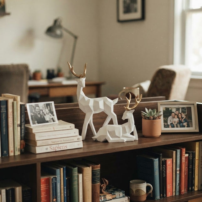 Living Room Decor Deer Figurine Set of 2, White Abstract Resin Stag Sculpture