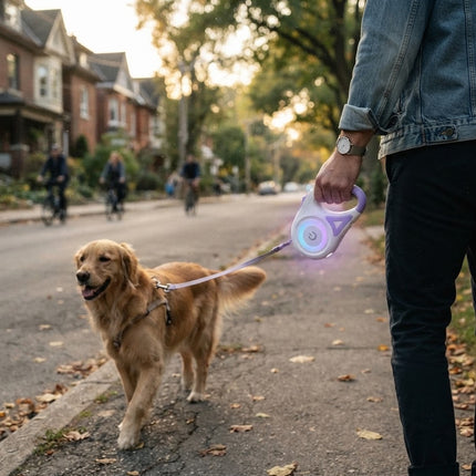 Retractable Dog Leash with 100 Lumen LED Spotlight, Cat Leash and Dog Walking Leash 5 m with RGB Light Ring at Night