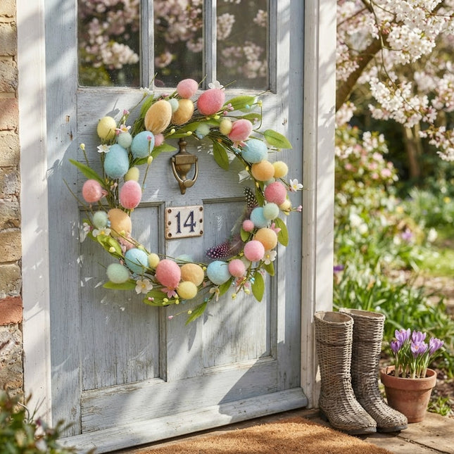 Easter Decorations Front Door Wreath, 40cm Spring Wreath with Pastel Flowers and Easter Eggs, Artificial Floral Wreath