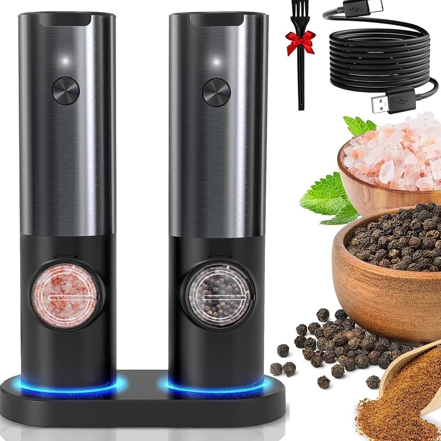 Electric Salt and Pepper Grinder Set with LED Light | One-Handed Operation for Effortless Seasoning 0