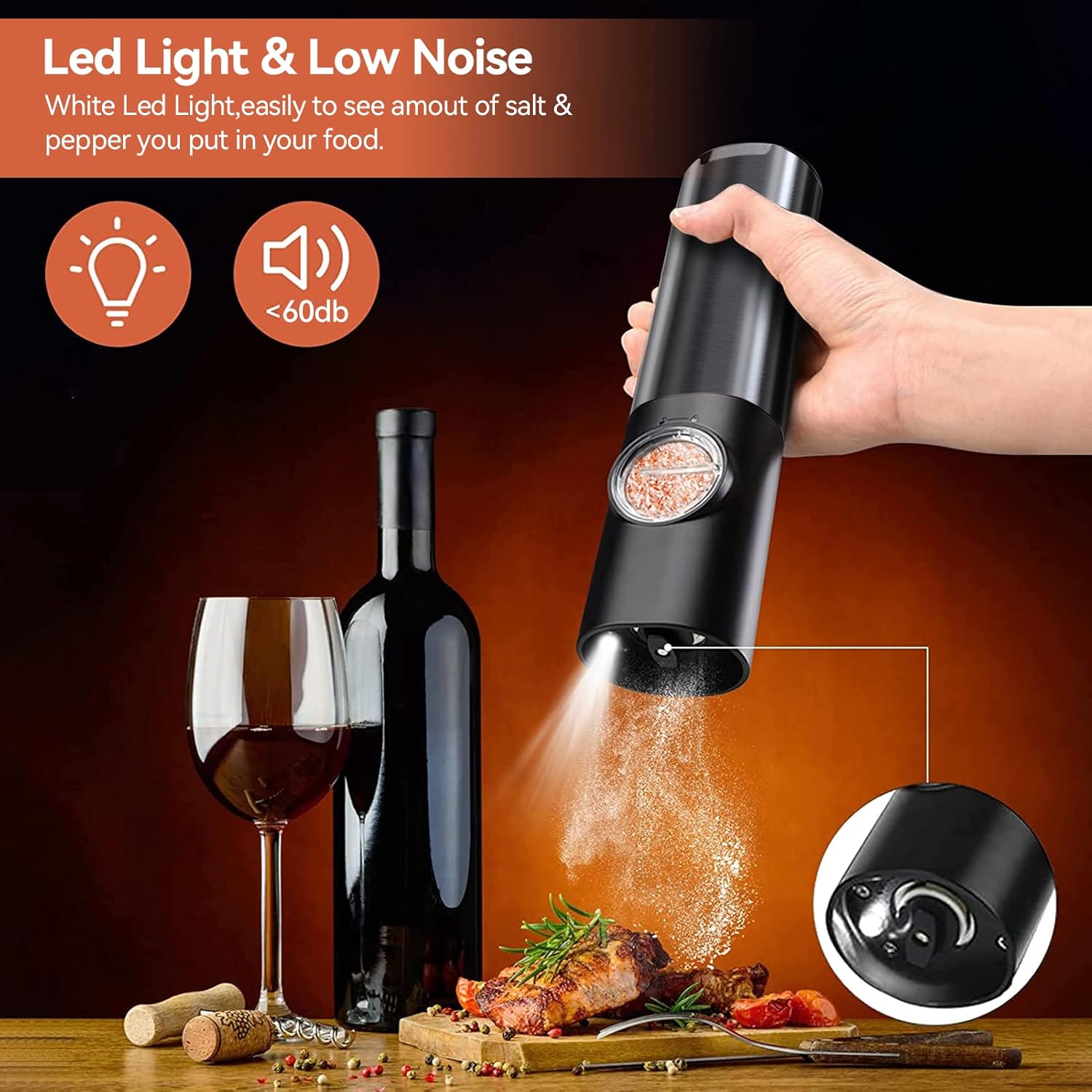 Electric Salt and Pepper Grinder Set with LED Light | One-Handed Operation for Effortless Seasoning 4