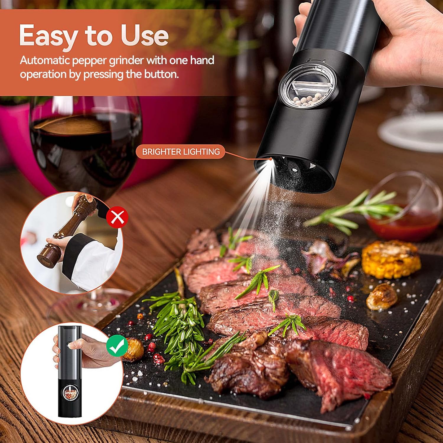 Electric Salt and Pepper Grinder Set with LED Light | One-Handed Operation for Effortless Seasoning 6
